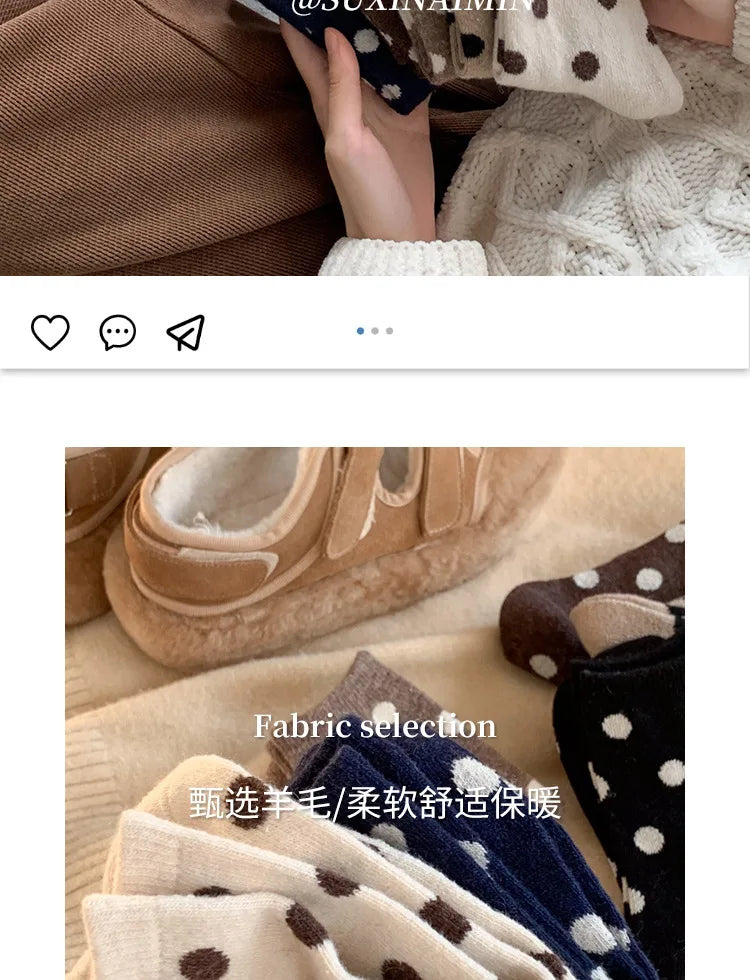 Socks for Women Autumn Winter Thick Warm with Polka Dot Black Maillard Velvet Coffee Mid-tube Socks