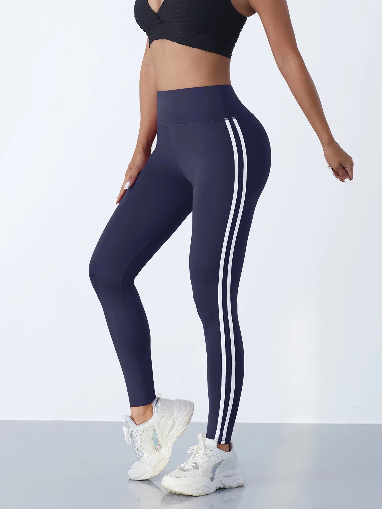 Simple Yoga Leggings With Side Stripes For Women Tummy Control Slim Sports Casual Tights Gym Leggings