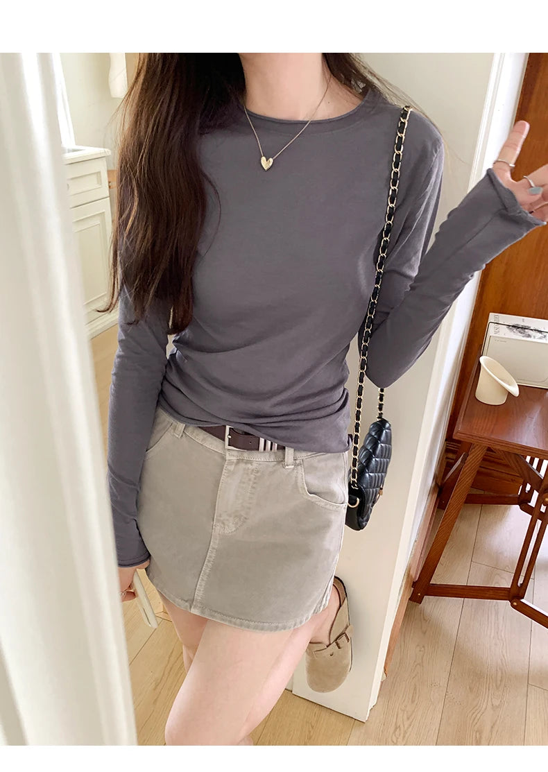 2025 Spring Autumn T shirt Women Tops Solid Slim Fit Long Sleeve O Neck Tshirts Female Casual Streetwear High Quality Base Tees