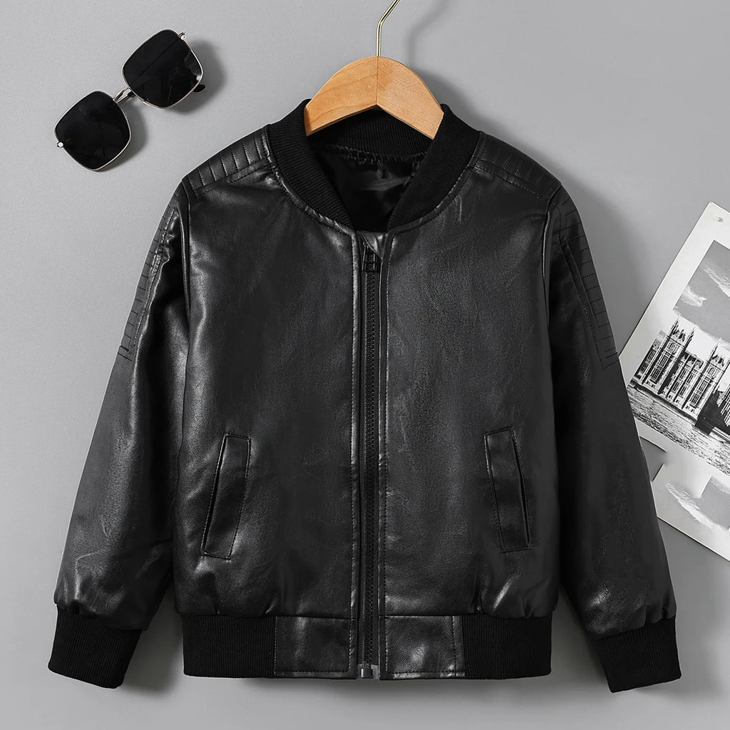 Children's Clothing for Boys, Pu Leather Jacket for Older Kids, Spring and Autumn Motorcycle Style Jacket, Black Baseball Jacket, Pu Leather Jacket in Chocolate Color, Autumn and Winter Jacket