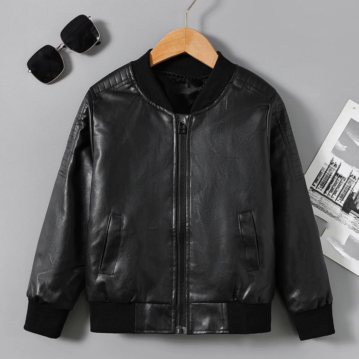 Children's Clothing for Boys, Pu Leather Jacket for Older Kids, Spring and Autumn Motorcycle Style Jacket, Black Baseball Jacket, Pu Leather Jacket in Chocolate Color, Autumn and Winter Jacket