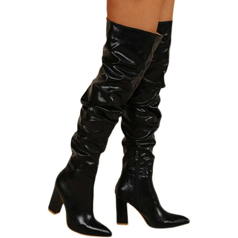 Sexy High Quality Pleated cowhide Leather Motorcycle Over The Knee Boots Women Fashion Pointed Toe Thigh High Lady Shoes Large
