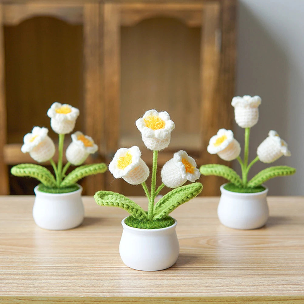 Handmade Crochet Flowers Potted Finished Woven Bouquet Artificial Knitted Flower Lily Table Home Decor