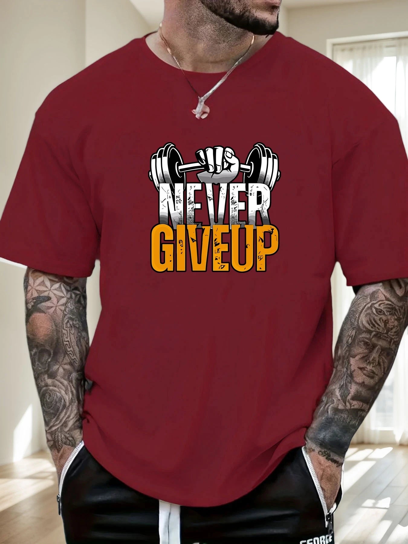 Men's Gym T-shirt Never Give Up Print Short Sleeve Soft Oversized Fitness Daily Wear