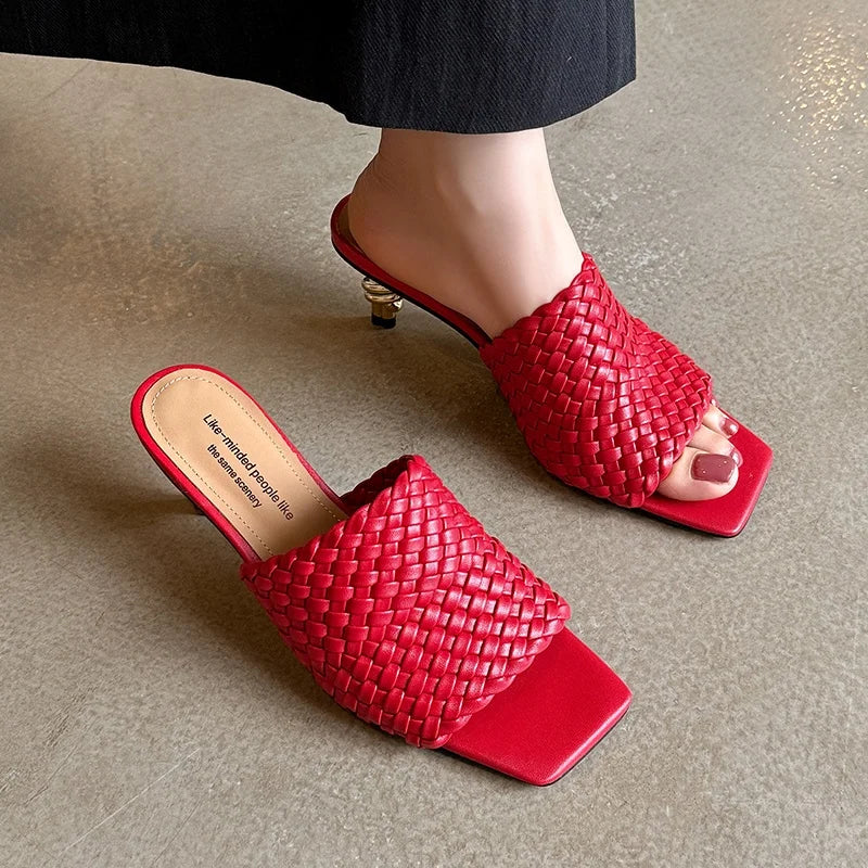 Summer Sandals Women Concise Style Slippers Weave Sandals for Girls Sexy Kitten Heel Elegant Dress Party Wedding  Sandalias