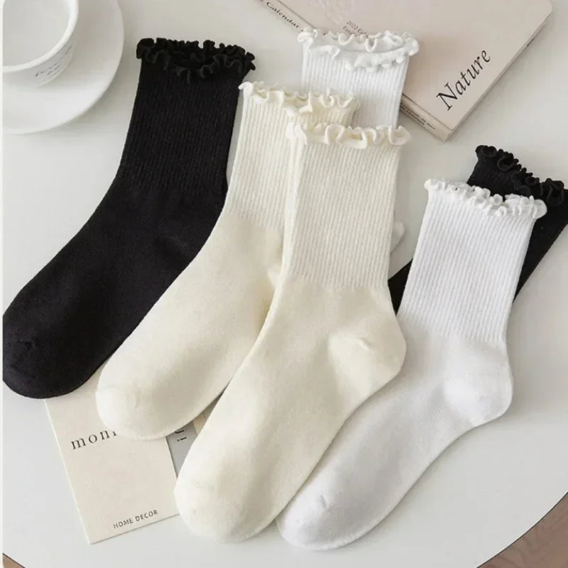 Fashion New Ruffle Socks for Women Mid Crew Middles Tube Ankle High Breathable Cotton Socks Black White Beige Female Cute Sock