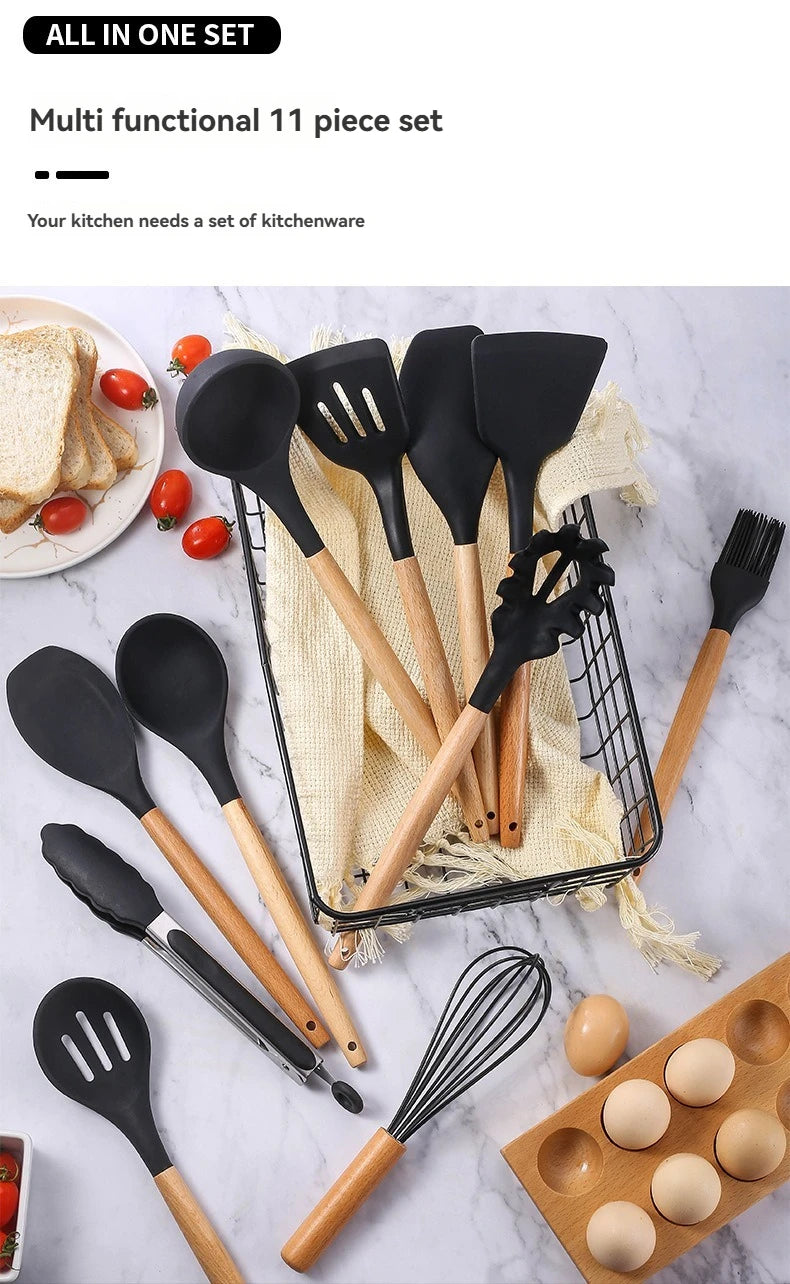 Kitchen Tools Set Wooden Handle Nonstick Pan Food Grade Cooking Silicone Storage Kit Stir Fry Baking Kitchen Set