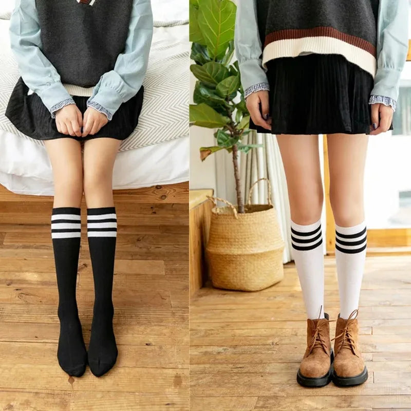 Solid knee length socks women's striped Lolita warm hip-hop sports socks  Harajuku socks JK white sock