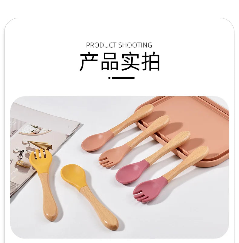 Spoons Baby Feeding Spoon Fork Wooden Handle Spoon Fork Set Soft Silicone Tip Spoon Fork BPA Free Food Grade Infant Toddlers