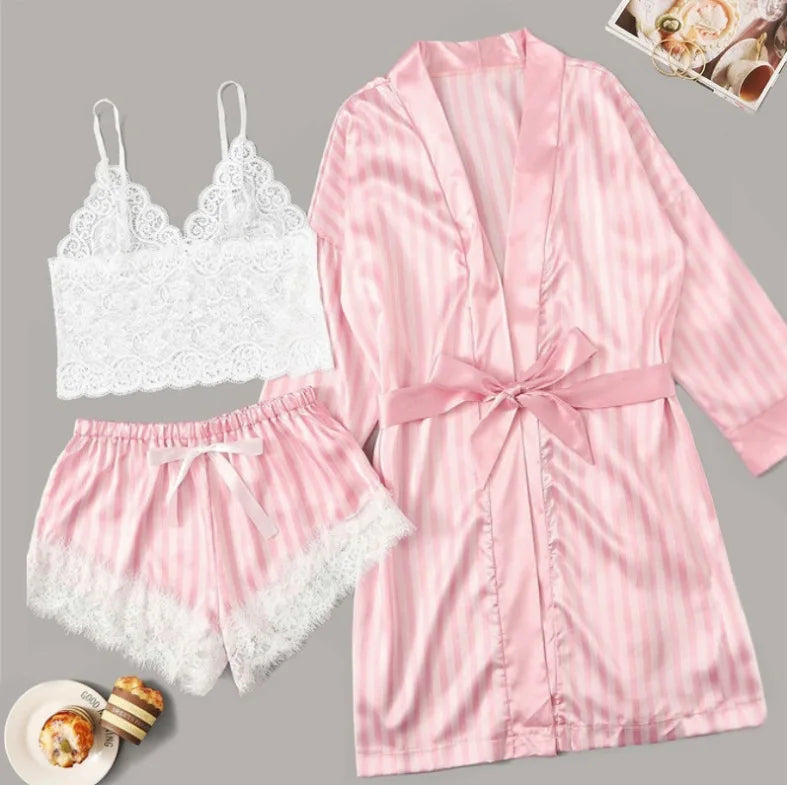 new Women's Sleep Lounge New Pajama Sets European American 4-piece set with lace satin suspender summer set for sleeping pajamas