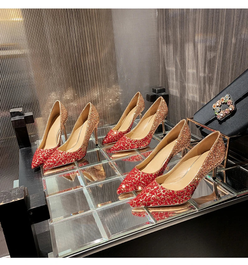 Heels for women luxury women's High Heels Pointed Toe Glitter Red Designer Pumps Wedding Bridal Valentine Ladies shoes Women