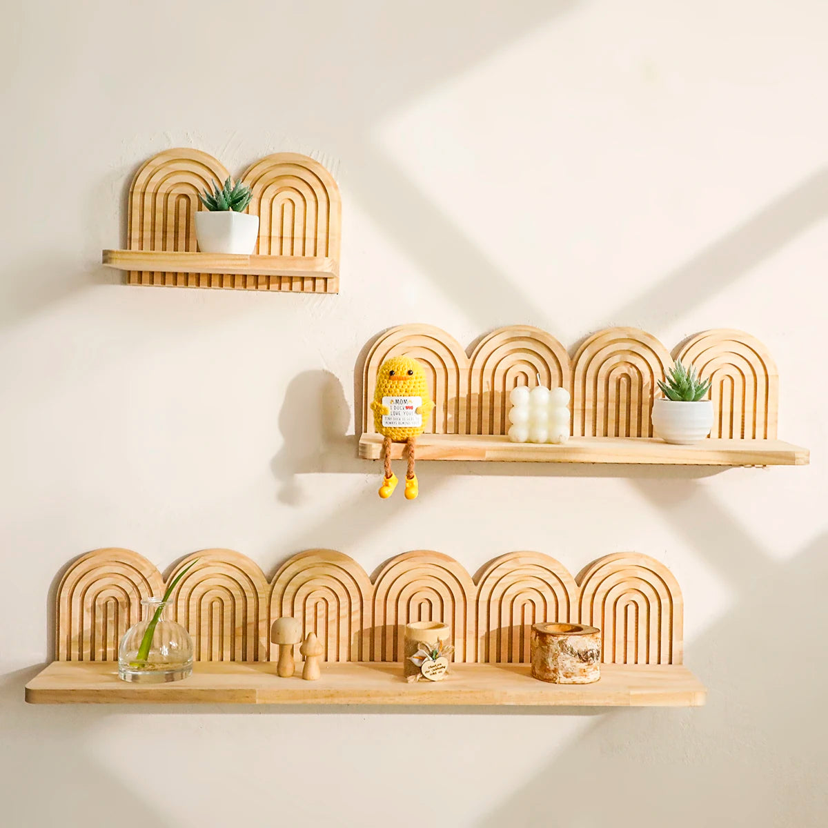 1Pc Boho Style Wooden Wall Shelves - Geometric Wall Mounted Shelves, Natural Wood Finish, Modern Home Decor, Plant Decorative