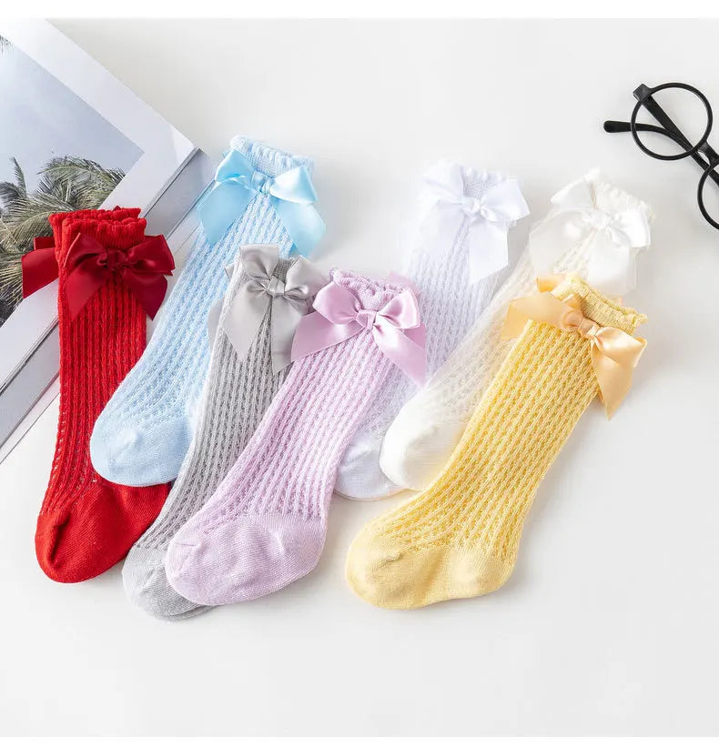 Simmer Spring Mesh Thin Cotton Korean Bow White Stockings Baby Princess Knee High Long Socks with Lace Ruffles for Newborn Girls