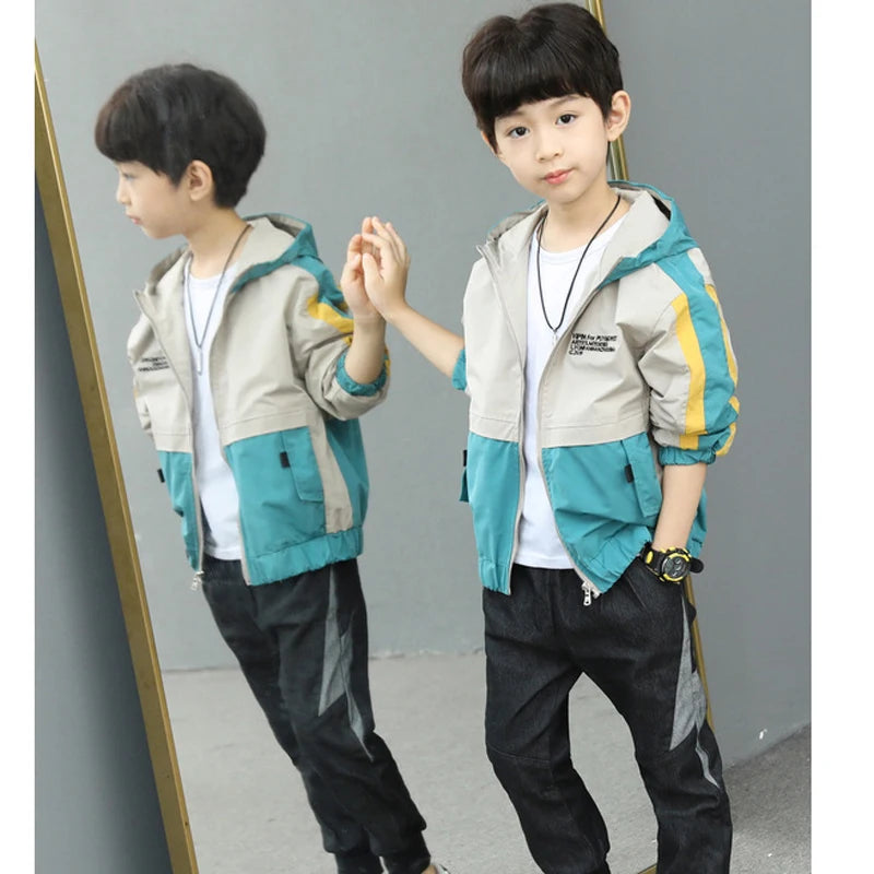 2025 New Splicing Boys Coat Spring Autumn Letter Printing Handsome Hooded Windbreak For 4-12 Years Kids Sports Leisure Outerwear