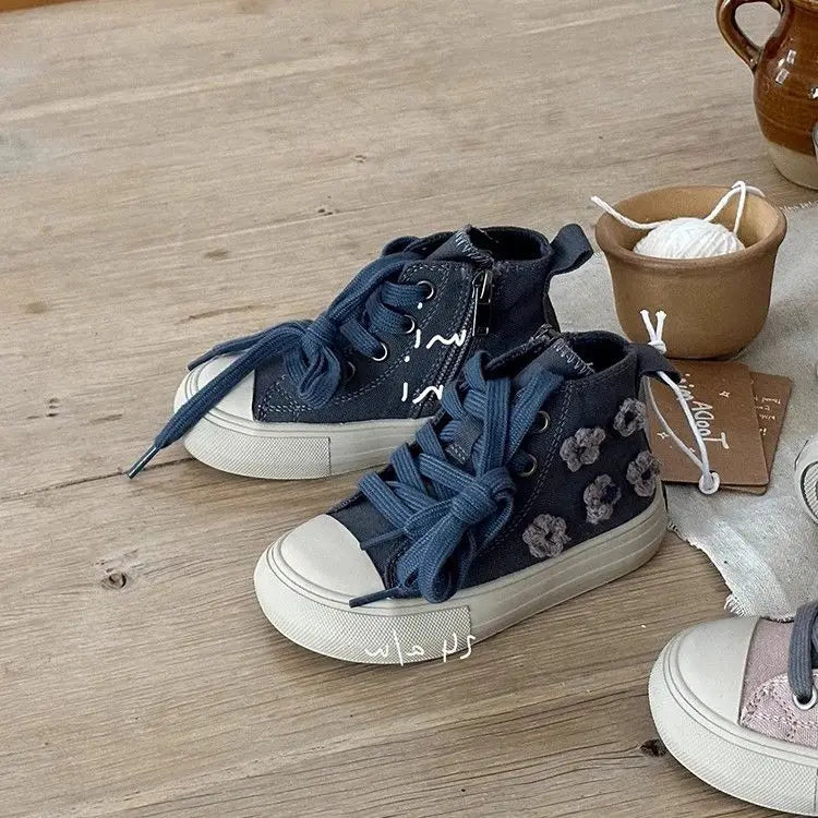 Children High Top Canvas Shoes Baby Soft Casual Shoes Boys Girls Fashion Anti-slip Side Zip Sneakers
