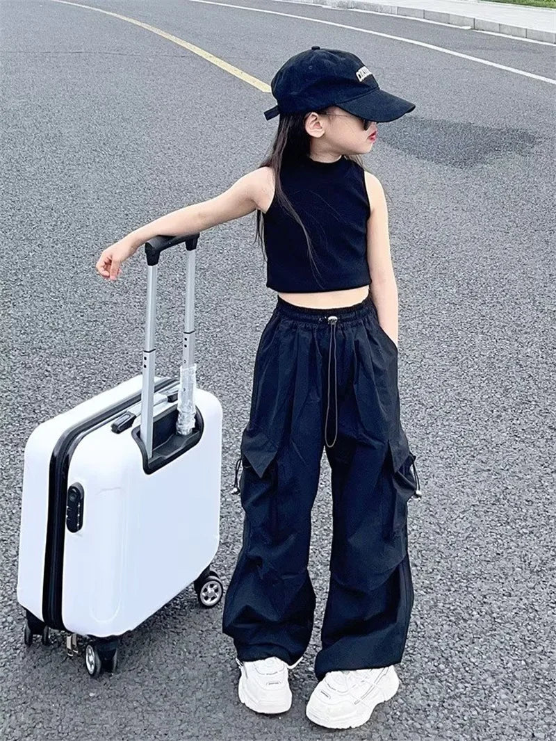 Girls Sports Cargo Pants Kids Fashion Straight Baggy Trousers Children Streetwear Sweatpants Teenager Vintage Casual Pants