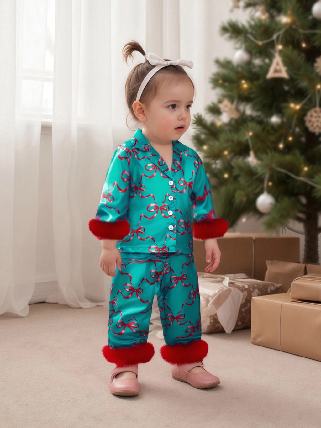 1-7T Baby Boy Girl Christmas Silk Pajamas Set Button Down Deer Santa Long Sleeve Shirts Tops and Pants Satin Pj Sets