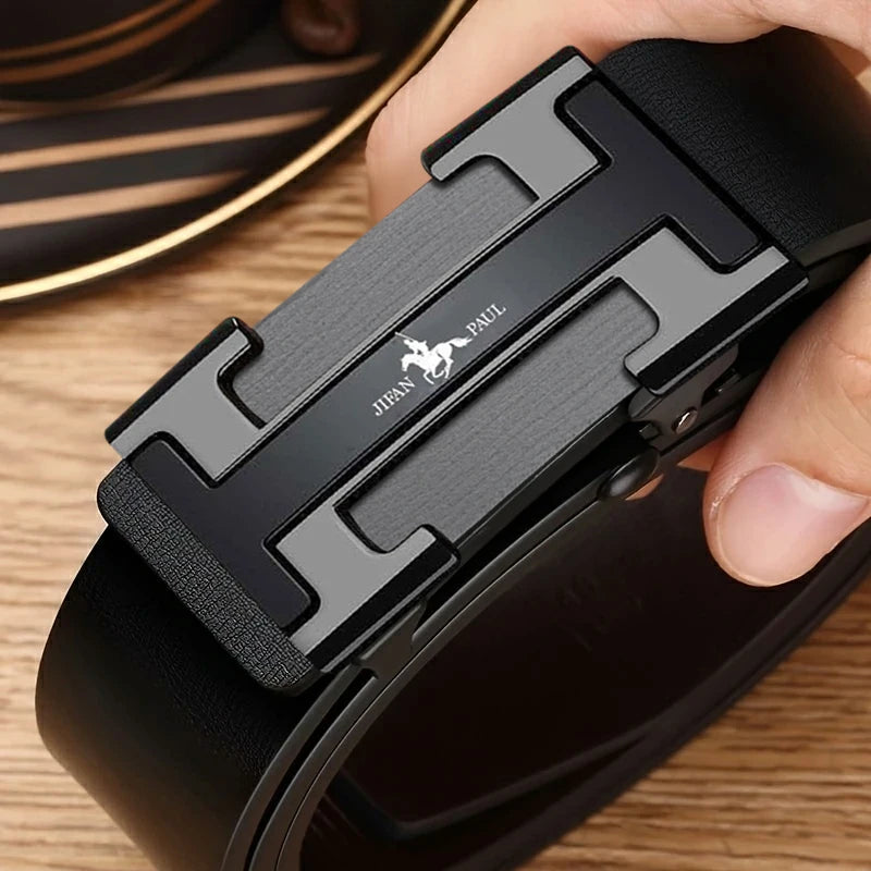 Men's waist belt with H-buckle, genuine leather belt, metal alloy automatic buckle brand, luxurious design, men's waist belt, me