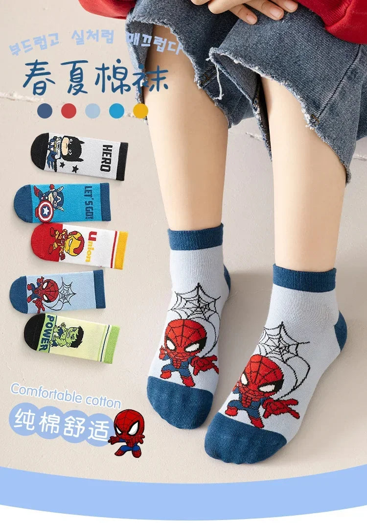 5 Pairs Spiderman Cotton Children's Socks iron Man Hulk Thor Anime kids Boys Short Socks Cartoon Baby Spring Summer Short Socks