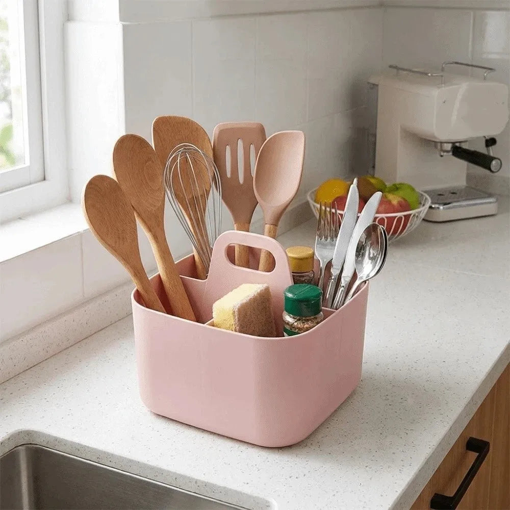 Plastic Cosmetic Organiser Multi-compartment with Handle Split Pen Organiser Divider Sorting Desk Storage Basket Office