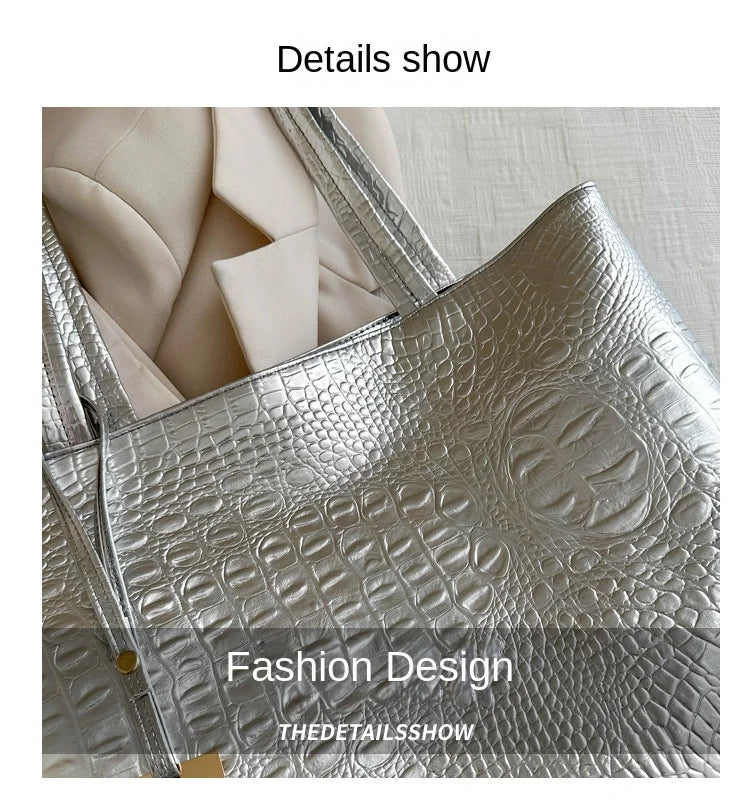 Fashion Casual Women Shoulder Bags Silver Gold Black Crocodile Handbag PU Leather Female Big Tote Bag Ladies Shopping Bag