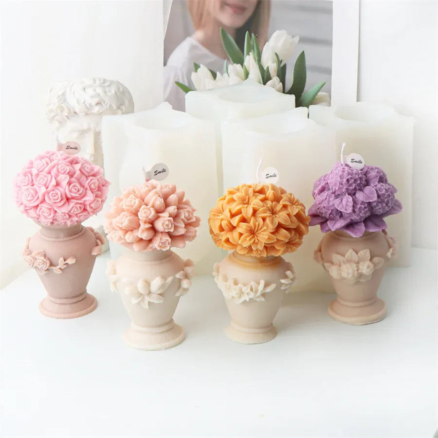 DIY Bowknot Rose Flower Candle Mold Cylinder Rose Floral Pillar Silicone Mold Wedding Decor Valentine's Day Gift Christmas decor
