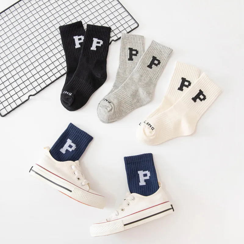 Korean Fashion Letter Socks Children Knit Cotton Middle Tube Socks Boys Girls School Casual Sports Socks 1-8years Old