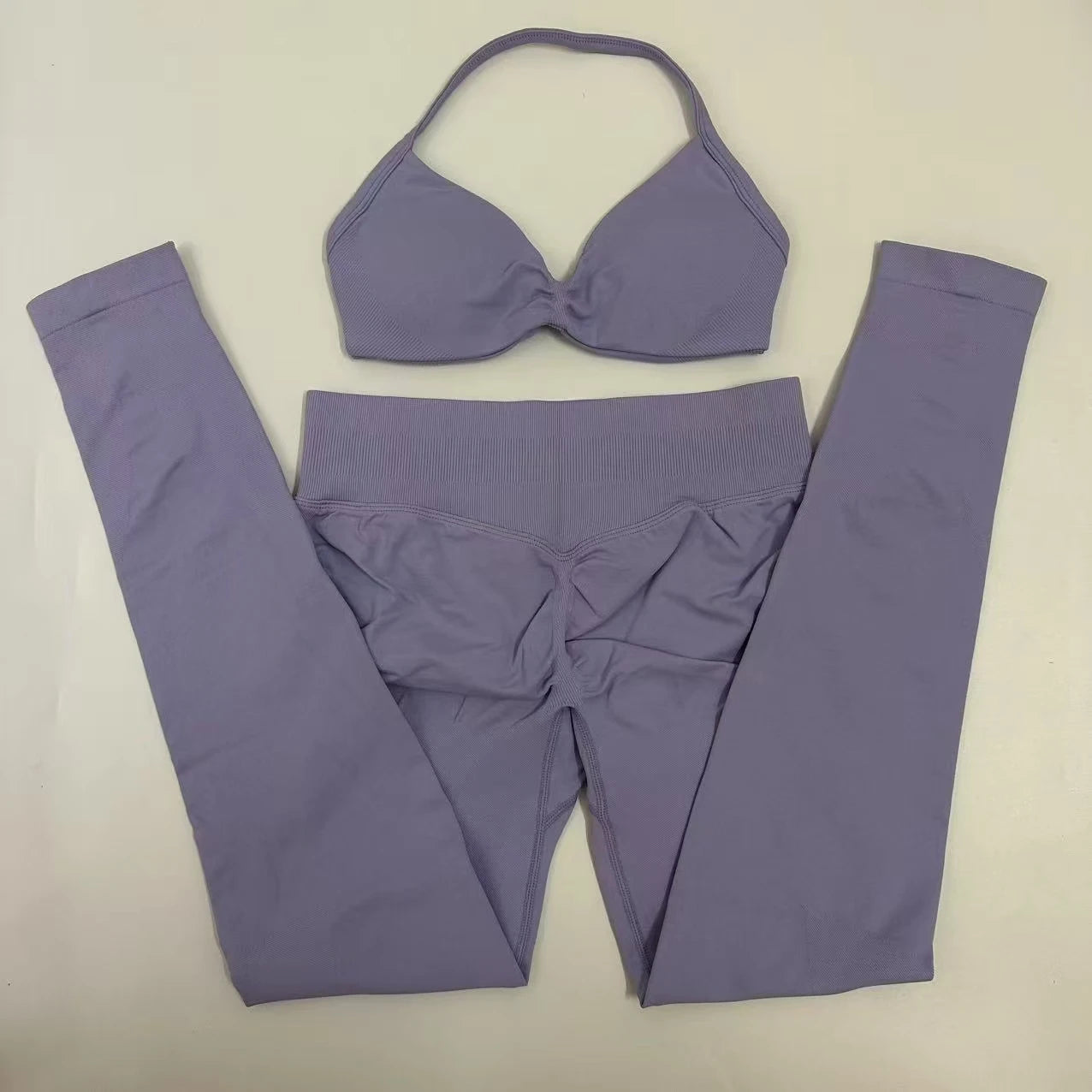 Seamlessyoga Set Women Workout Scrunch Leggings Set Strappy Halter Sports Bra Fitness Gym Clothing Workout Set 2 Pieces