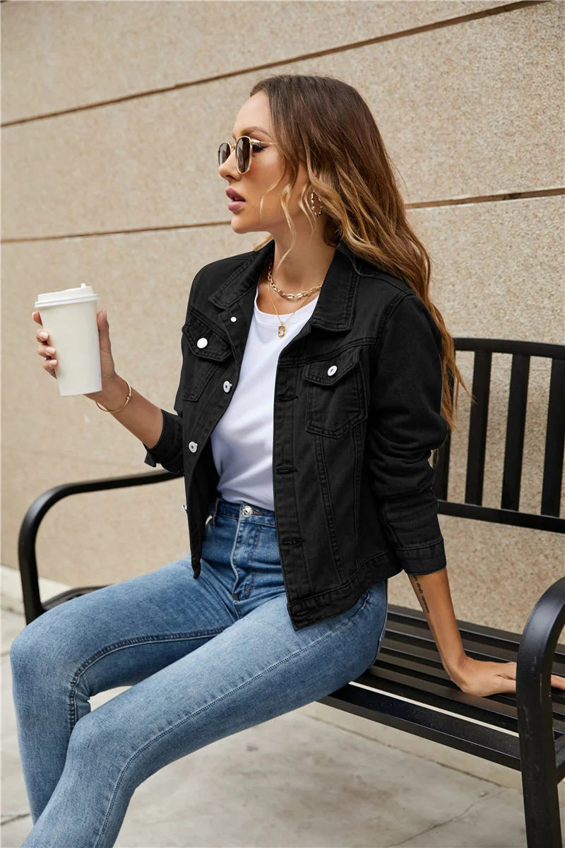 2023 Women's Short Denim Jackets Fashion Female Casual Long Sleeve Lapel Solid Button Pocket Slim Jean Jacket Fall Winter Coat