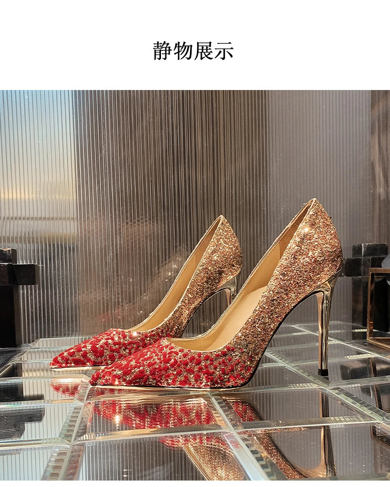Heels for women luxury women's High Heels Pointed Toe Glitter Red Designer Pumps Wedding Bridal Valentine Ladies shoes Women