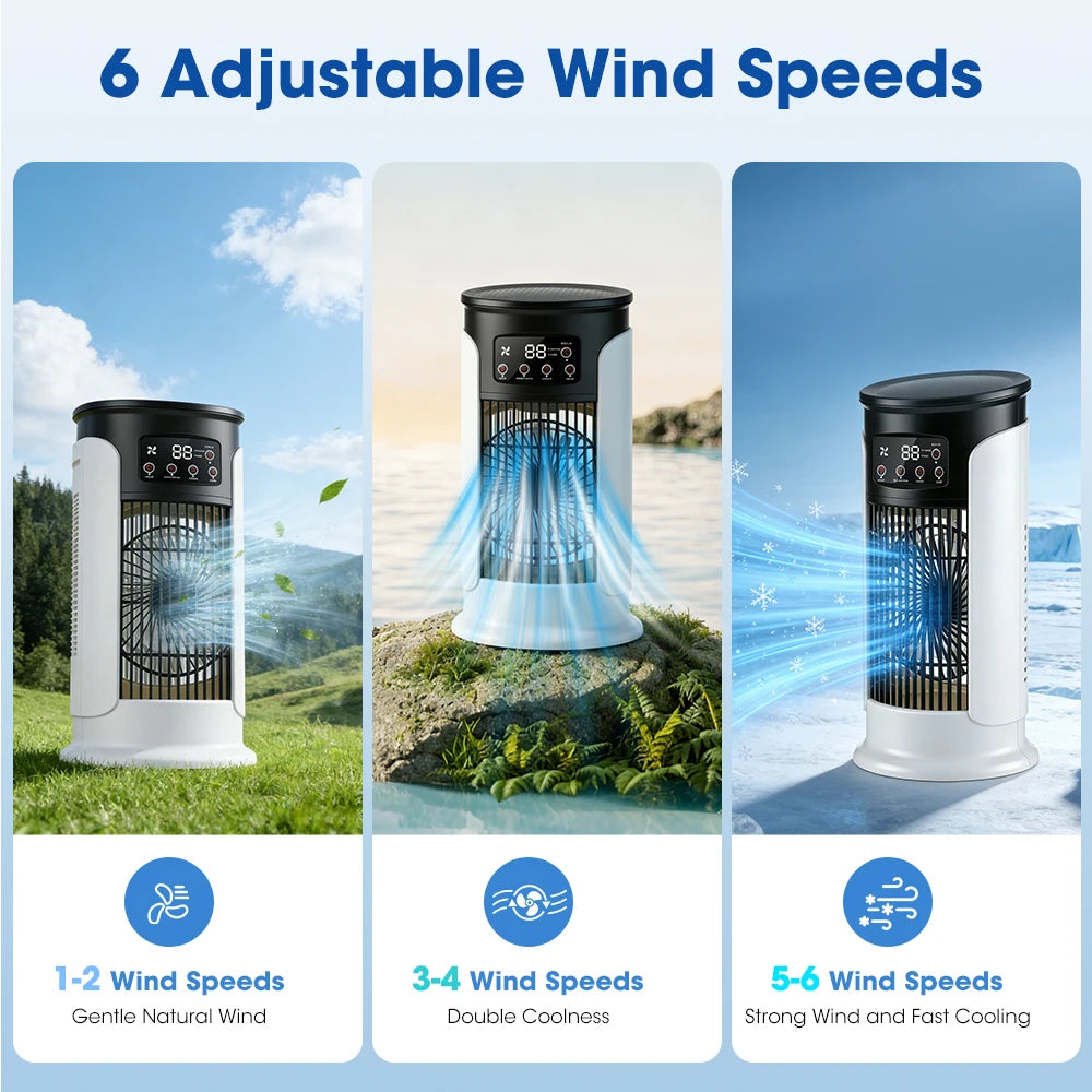 Portable Air Conditioner Fan 6 Speeds Misting Humidifier USB Desktop Cooler LED Display Timer Home Office Personal Summer