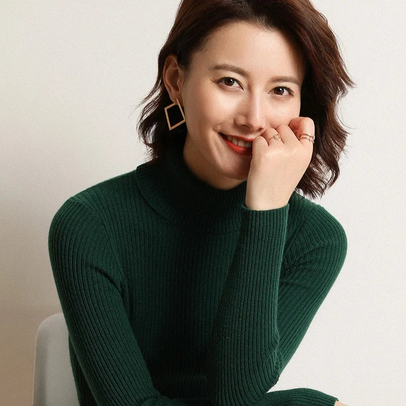 Autumn and winter new Korean slim fit women's pullover sweater knitted sweater pull up women's high neck sweater women