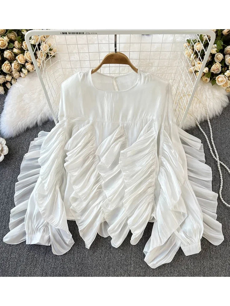 Women Spring Autumn Blouse New European American Vintage Round Neck Ruffle Loose Long Sleeved Foreign Style Irregular Top D2338