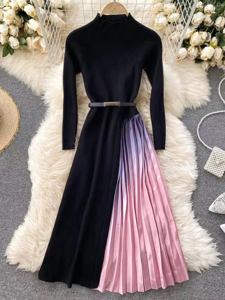 Autumn Winter Women Gradient Color Patchwork Pleated Sweater Dress Elegant Long Sleeve Midi Knitted Party Vestidos With Belt