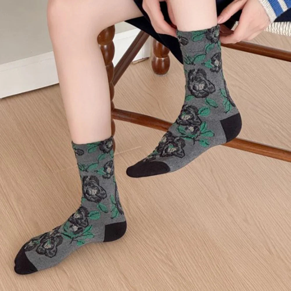 5 Pair Cute Print Socks For Women Long Autumn Winter Fashion Versatile Casual Ethnic Style Vintage Women's Socks Set 2025 New