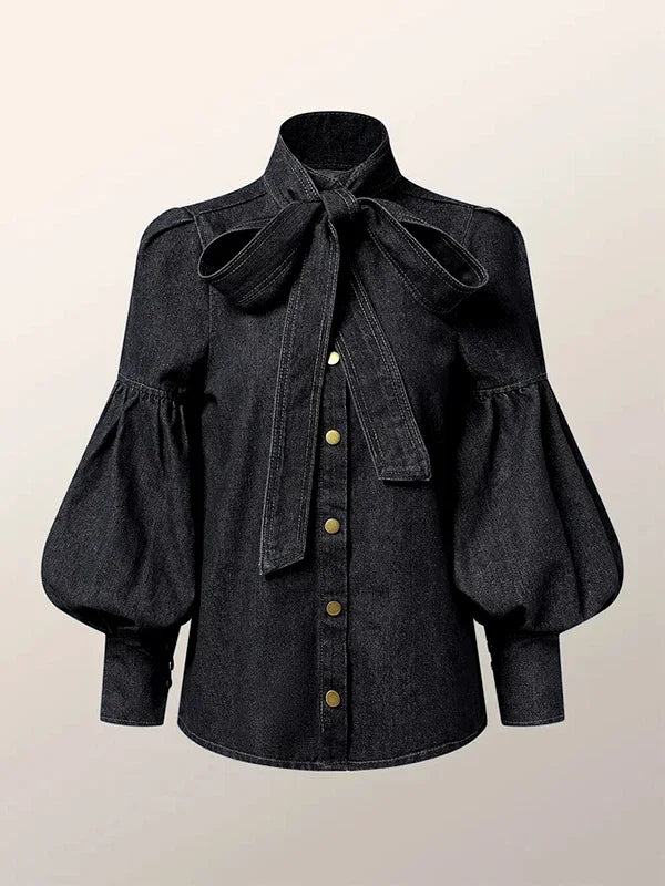 Beautyblue Elegant Women's Imitation Denim Blouse Tops Spring 2025 New Fashion Puff Sleeves Bow-Embellished Female Shirts S-3XL