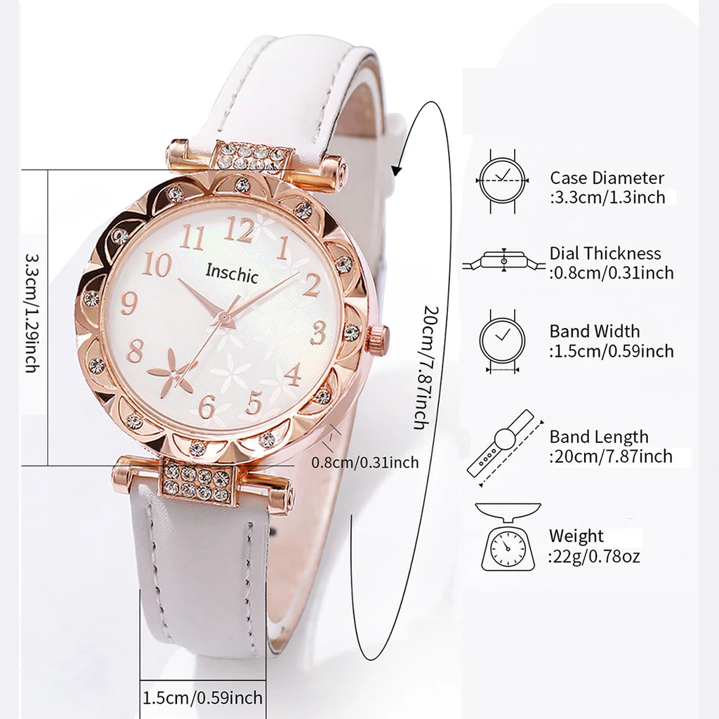 5PCS/Set Women's Watch Fashion Flowers Dial Leather Band Quartz Watches Beads Bracelet Set（Without Box）