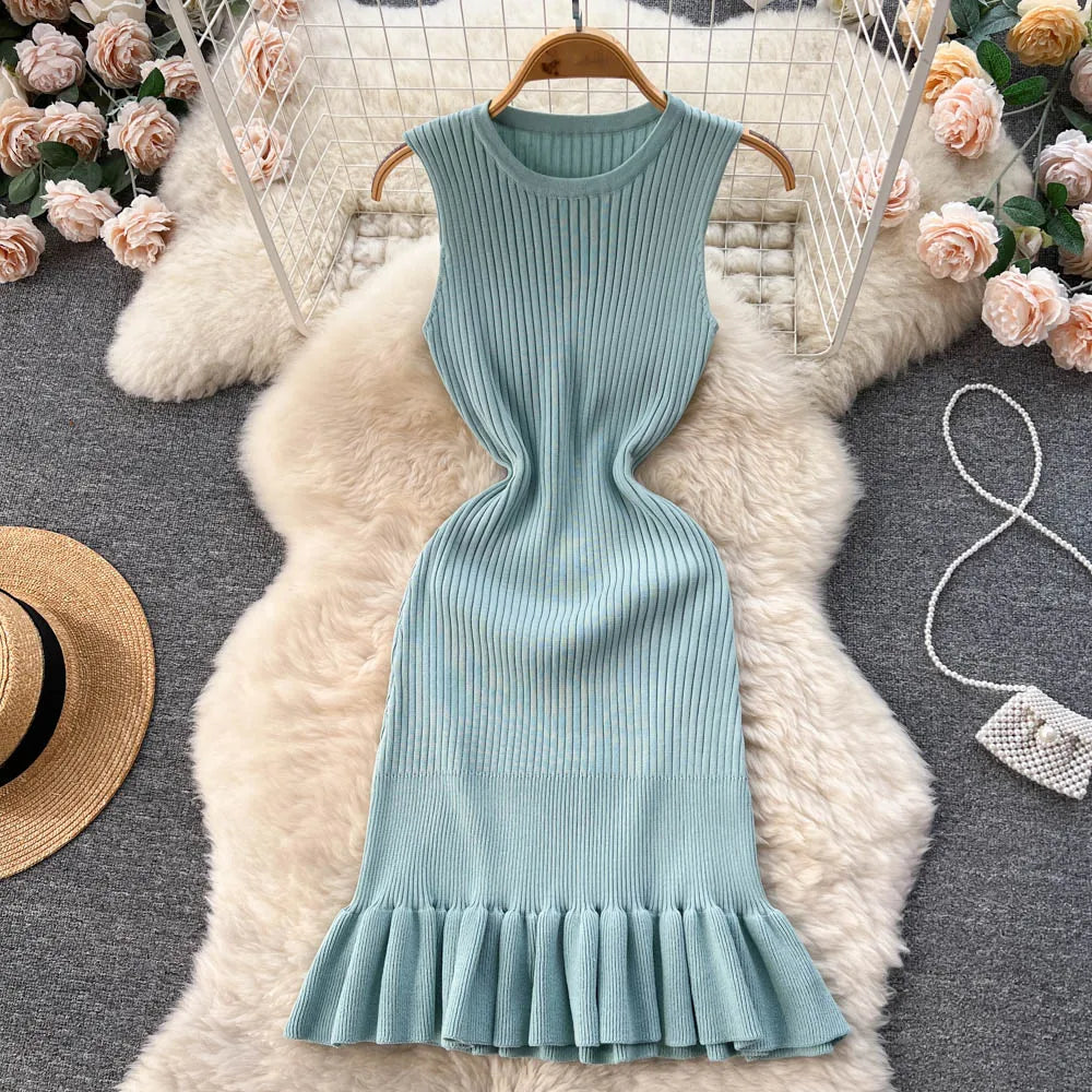 2025 Early Autumn Sexy Package Hips Ruffles Mini Dress Summer Fashion Y2K Knitted Bodycon Ladies Dress Korean Party Vestidos