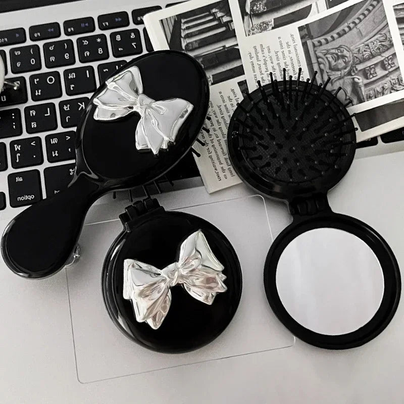 Portable Cute Bow Mini Round Hair Comb Hair Salon Hairdressing Massage Folding Hair Brush Air Cushion Comb Makeup Beauty Tools