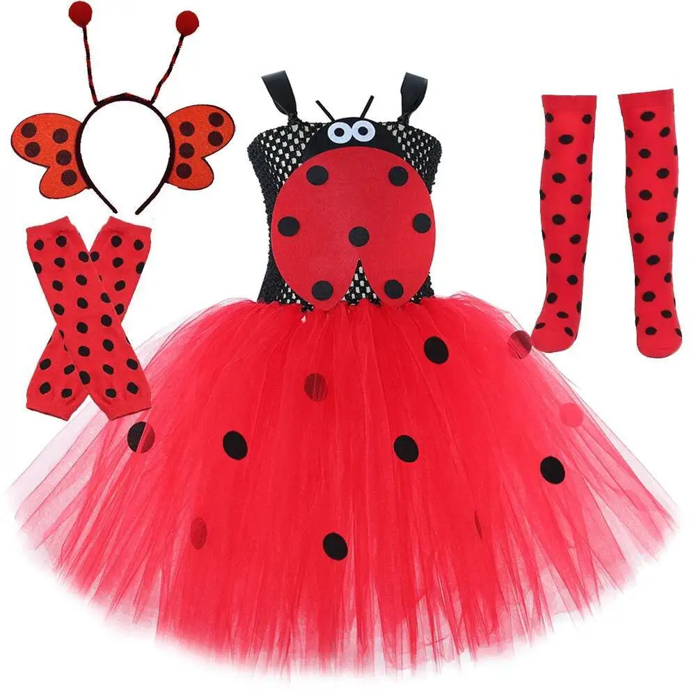 Black Red Lady Beetle Costumes for Baby Girls Ladybird Tutu Dress with Wings Kids Halloween Outfit Children Birthday Clothes