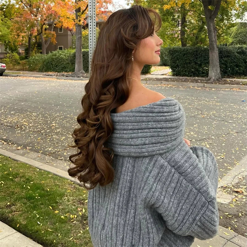 Tuularose Women's Off-Shoulder Sweater Fashion Loose Casual Brown Retro Pullover Spring High Street Office Lady Tops Knitwear