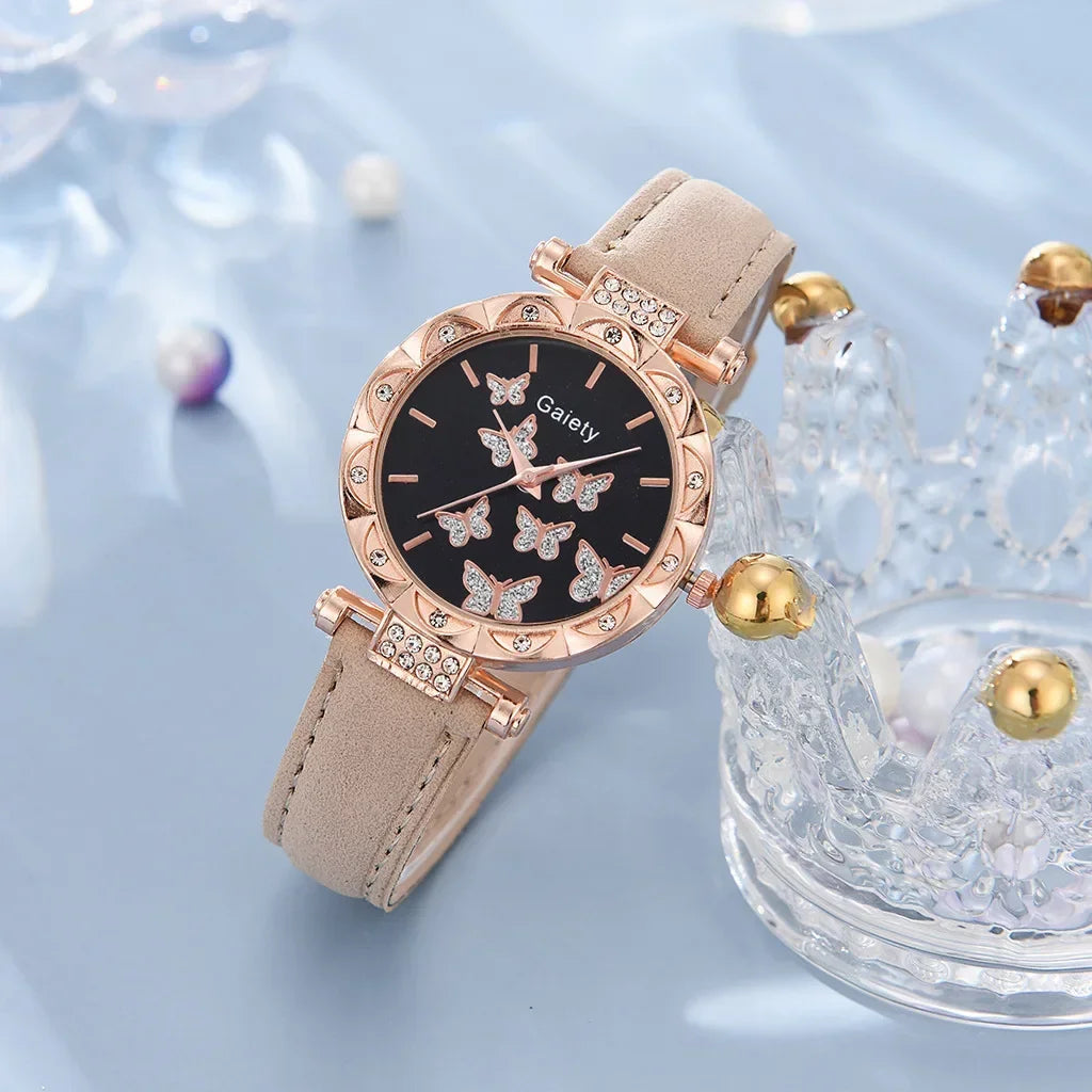 6/1pcs Set Watch for Women Cute Butterfly Crystal Rhinestone Women Watches Ring Necklace Earrings Bracelet Set (No Box) 시계