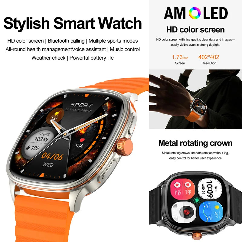 New Smart Watch 1.73" HD Screen NFC Voice Assistant Music Weather Sports Heart Rate High-precision Sensor Waterproof Smart Watch