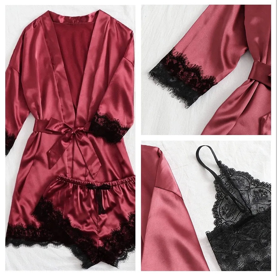 new Women's Sleep Lounge New Pajama Sets European American 4-piece set with lace satin suspender summer set for sleeping pajamas