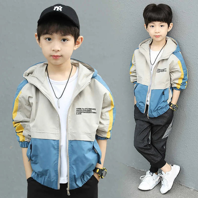 2025 New Splicing Boys Coat Spring Autumn Letter Printing Handsome Hooded Windbreak For 4-12 Years Kids Sports Leisure Outerwear