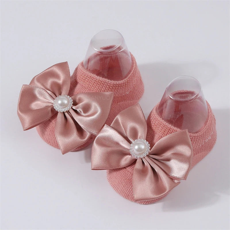Baby Pearl Bow Solid Color Floor Socks Newborn Infant Knitted Breathable Socks Sweet Cute Girls Princess Children Birthday Gifts