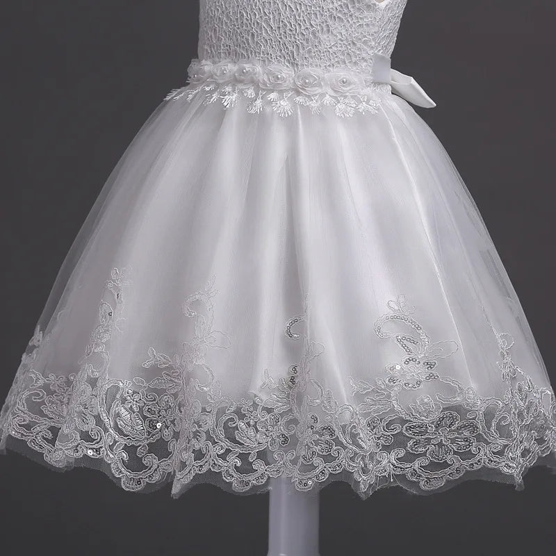 Infant Baby Flower Dress Toddler Girls Sleeveless Pearl Princess Pageant Birthday Lace Wedding Dress Children Formal Gown 6-24M