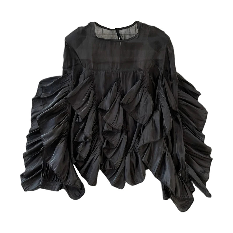 Women Spring Autumn Blouse New European American Vintage Round Neck Ruffle Loose Long Sleeved Foreign Style Irregular Top D2338