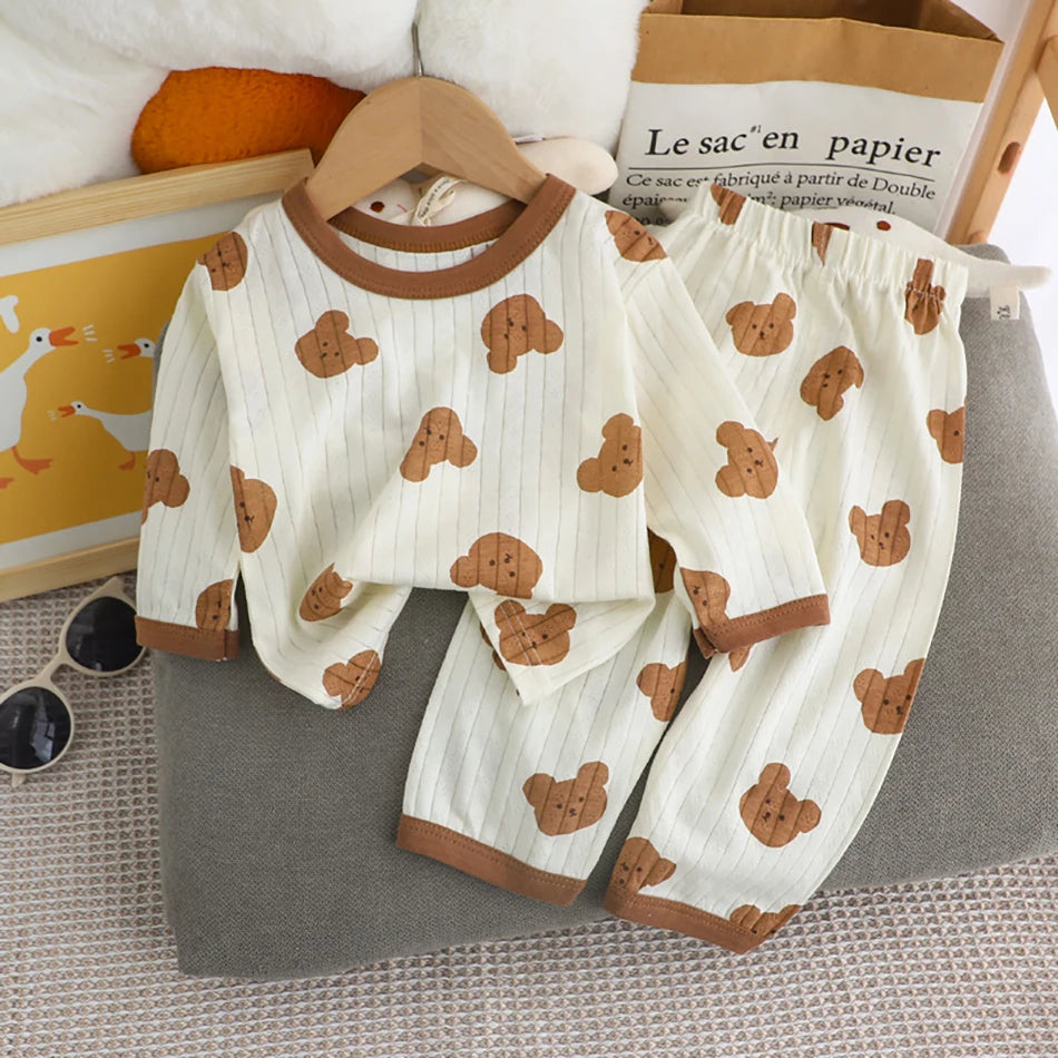 Spring Winter Kids Long Sleeve and Pants Pajamas Set Soft Breathable Baby Sleepwear Cartoon Bear AC Room Wear Boys Girls Clothes