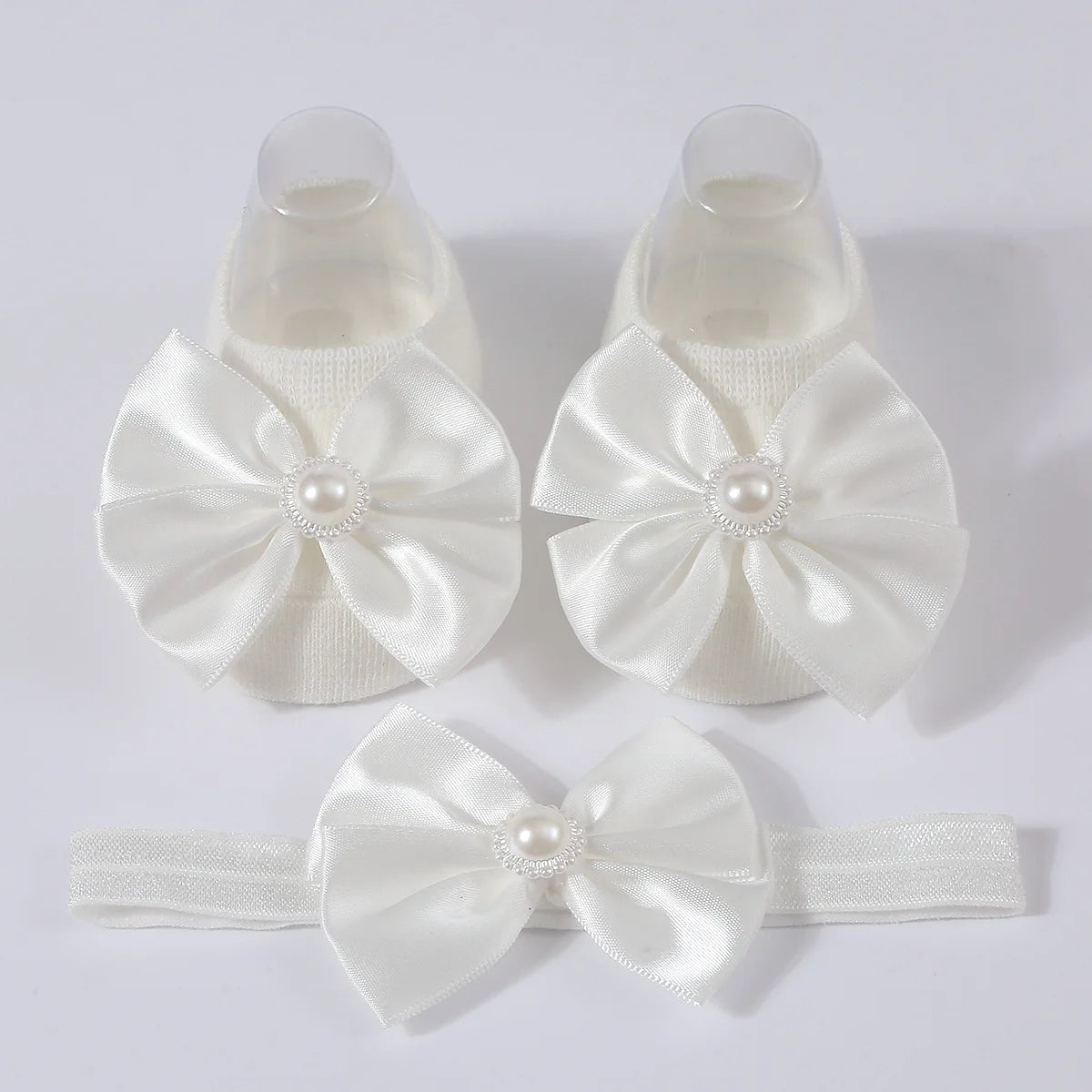 1Set New Baby Pearl Bowknot Headbands Socks Newborn Toddler Soft Prewalker Sock Girl Infant Cute Knitted Cotton Hairband Socks